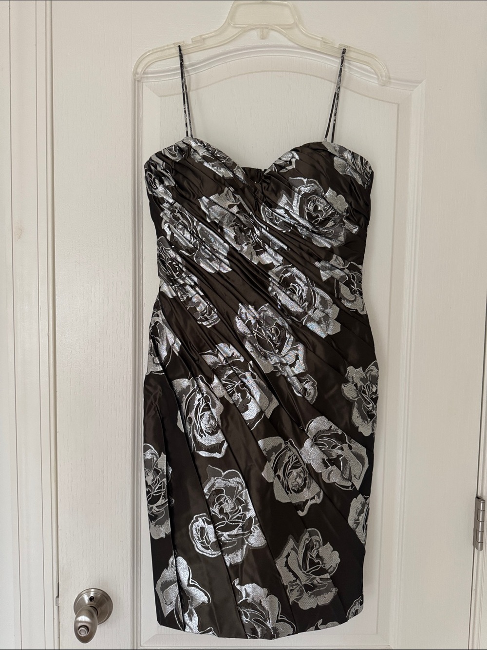 Chetta B Black Strapless Dress with Silver Rose Print